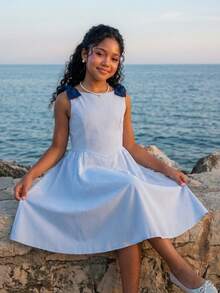 Sparklyn 少女休闲优雅可爱时尚度假风条纹连衣裙，适合外出、度假，蝴蝶结装饰，可爱女孩连衣裙 - 彩色 - 查看 2