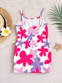 SHEIN Baby Girl Ditsy Floral Knit Casual Strap Dress - Multicolor - View 2