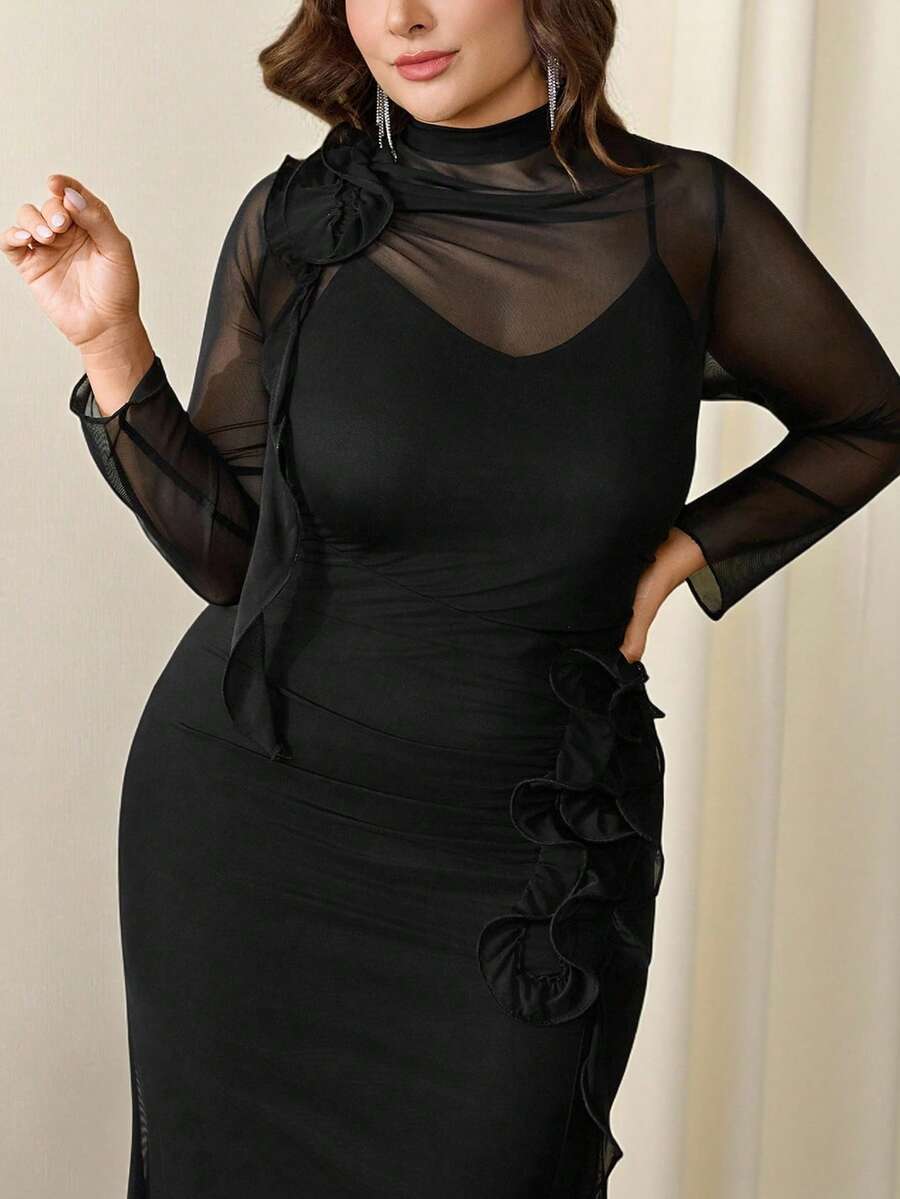 Firerie Plus Size Women Elegant Casual Vacation Vibe Ins Style Floral Decor Elastic Mesh Romantic Afternoon Tea Long Sleeve Dress, Autumn/Winter Plus Size Black Elegant Dress Long Sleeve Elegant Dress Date Night Dress Curve Black Sheer Dress Elegant Dresses For Party, Wedding, Valentine's Day, Spring Outfit Women, Spring Dress For Women