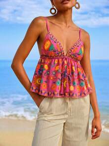 Travachic Women's Summer Vacation Casual Woven Retro Print Camisole Top - Hot Pink - View 4