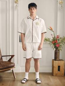 Manfinity Unisex Bộ áo sơ mi ngắn tay và quần short nam phối màu tương phản, áo sơ mi nam ngắn tay cài cúc màu kem mùa xuân/hè, áo sơ mi nam mùa hè, áo sơ mi nam màu kem cài cúc, áo sơ mi nam họa tiết hoa. - trắng - Xem 6