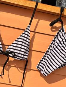 Bonvoyette 黑白条纹雪纺柔软材质露背系带比基尼泳装 - 黑與白 - 查看 5