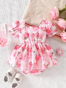 1 Piece Baby Girl Floral-Print Sweet-Style Short-Sleeve Ruffled Square-Neck Bodysuit Lightweight Breathable Bow-Accented Flowy One-Piece Outfit For Daily Wear & Cute Photo Sessions Spring & Summer Fashion Ensemble - Multicolor - View 2