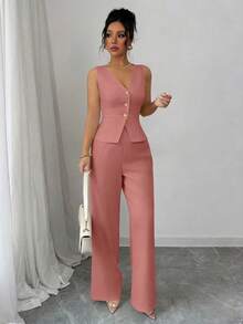 Elenzga Women's Elegant Sleeveless Blazer Vest And Pants Suit Set, Business/Commute Style, Summer - Pink - View 4