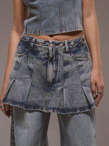 MUSERA 层叠褶裥半身裙，纽扣腰带设计，牛仔裤款，冬季可爱街头风，休闲西式，水洗效果 - 藍色 - 查看 5