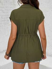 SHEIN 孕妇纯色单排扣抽绳腰蝙蝠袖休闲衬衫 - 軍綠色 - 查看 2