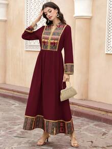 Al Najma Women's Bohemian Style Cutout Neck Patchwork Print Waist Maxi Dress, Suitable For Spring And Autumn - Burgundy - View 3