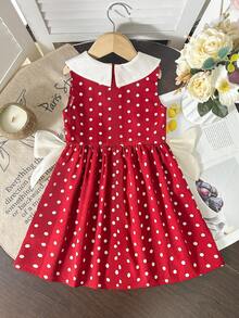 SHEIN Rochie de vară fără mâneci, cu buline roșii, în culori contrastante, cu papion în talie, cu guler de păpușă, potrivită pentru plajă, petrecere, vară, la țară, elegantă, joacă, festival, stil stradal, campus și diverse ocazii - roșu - Vizualizare 2