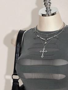 SHEIN ICON Plus Size Y2K Sheer Distressed Sexy Camisole Top, Going Out Tops - Dark Grey - View 7
