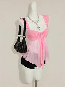 SHEIN ICON Women's Shiny Sequin Asymmetrical Mesh Hem Knotted Front Camisole - Pink - View 5