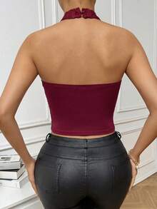 Firerie Women's Fashionable Contrast Lace Backless Camisole, Summer,Summer Top - Burgundy - View 2