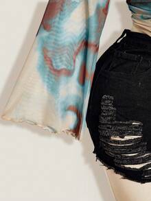 SHEIN ICON 大码女式不对称领扎染图案二合一长袖上衣 - 彩色 - 查看 9