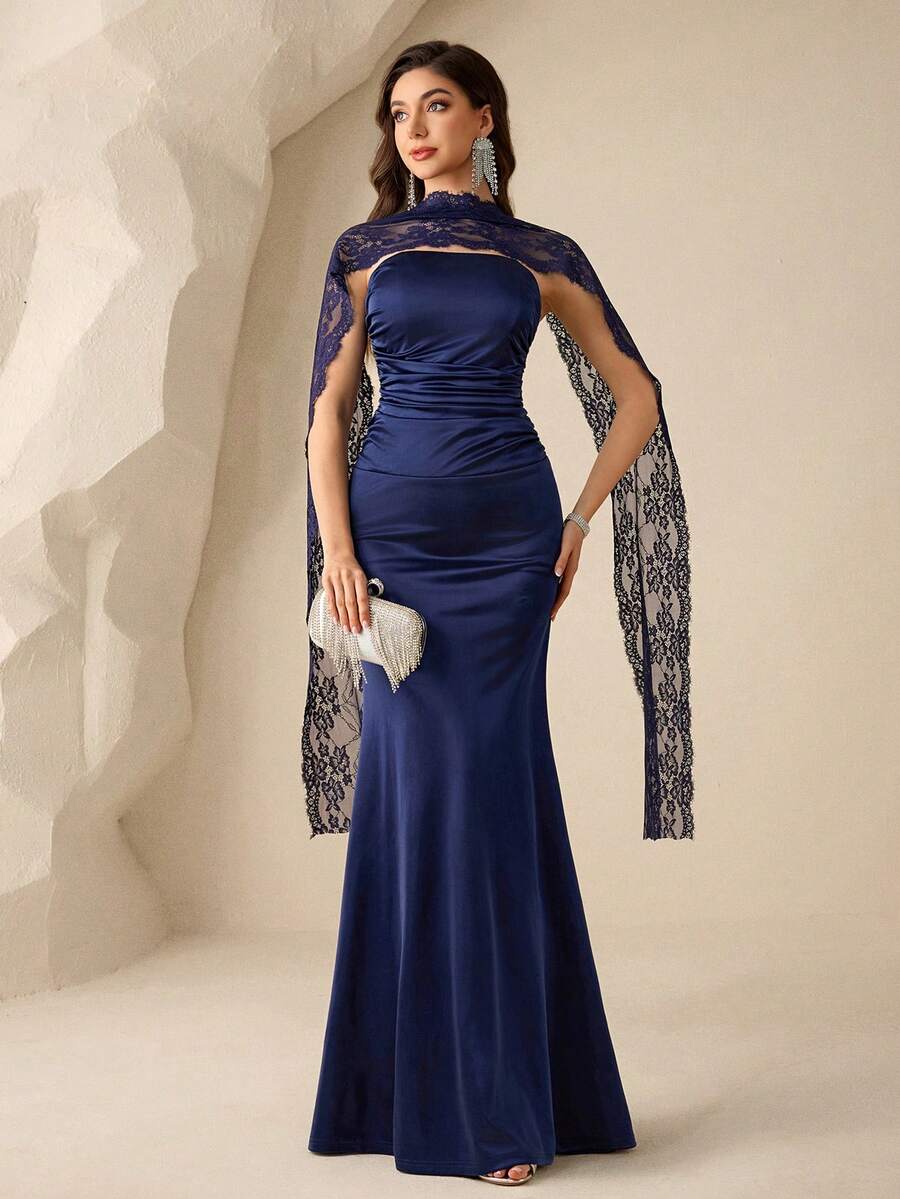 Coutiva 女士优雅荷叶边撞色蕾丝正式晚礼服（缀饰繁复） - 藏蓝色 - 查看 1