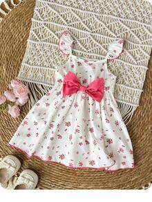 Babygirl Summer Cute Floral Print Cap Sleeve Bow Tie Dress - Pink - View 1