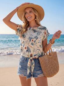 Sylviya Floral Print Keyhole Back Tie Front Top - Multicolor - View 4