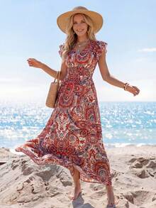 Sylviya فستان كاجوال مطبوع برسمة انتزاعية آكمام طويلة، ملابس أساسية للاستخدام اليومي في فصلي الخريف والشتاء - لون برتقالي - مشاهدة 3