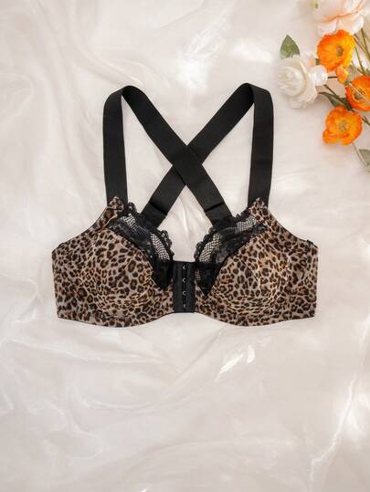 Plus Size Women Leopard Print Front Closure Racerback Lace Patchwork Wireless Bra