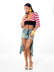 SUMWON WOMEN Lace Up Front Striped Knit Top With Deep V Neckline And Three Quarter Sleeves For Casual Summer Wear - Multicolor - View 5