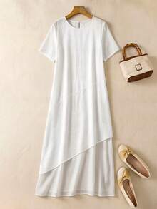 Rusticease Women's Solid Color Round Neck Short Sleeve Asymmetric Design Casual Mid-Length Dress,Modest White Summer Festival Outfits Easter Dress Zanzea Clothes - White - View 1