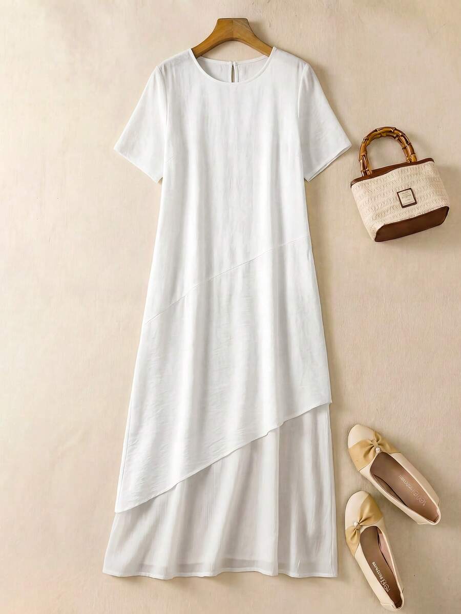 Rusticease Women's Solid Color Round Neck Short Sleeve Asymmetric Design Casual Mid-Length Dress,Modest White Summer Festival Outfits Easter Dress Zanzea Clothes - White - View 1