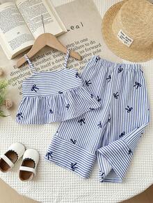 LMoss Kids Baby Girl Casual Vacation Fashion Slim Fit Comfortable Woven Blue Striped Camisole With Ruffled Hem Top And Wide-Leg Pants Set Matching Outfits Summer Toddler Girl Toddler Girl Stripe Outfit Toddler Girl Stripe - Blue - View 6