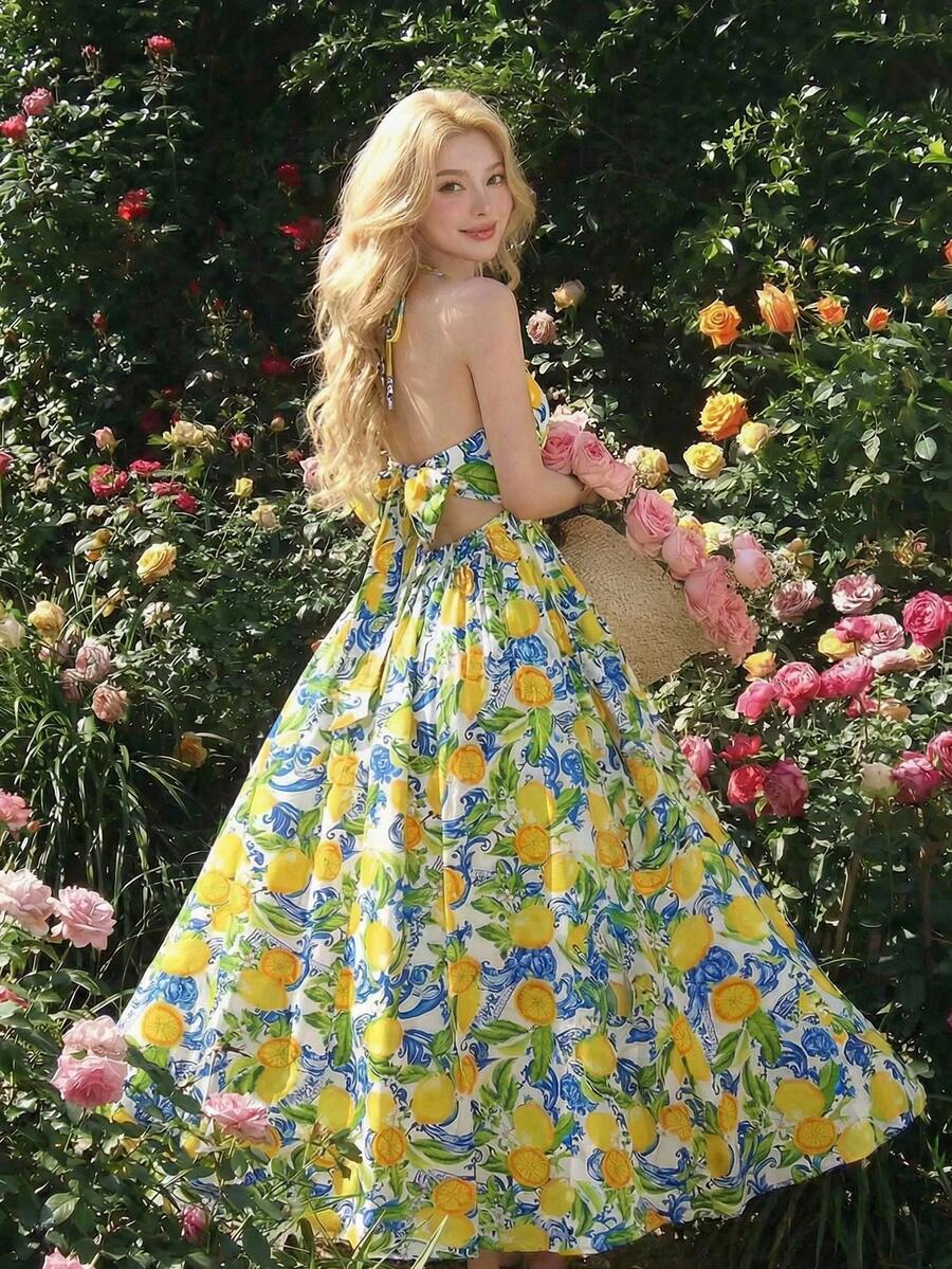 SHEIN MOD Women's Backless Bow-Tie Strap Lemon Floral Dress,Women's Vibrant Lemon Halterneck Midi Dress For Summer Picnics And Garden Parties,Resort Wear,Vacation Dress Tropical,Garden Party Dress,Halter Dress,Lemon Dress Women - Multicolor - View 1