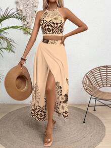 Breezaya Bộ đồ 2 món phong cách nghỉ dưỡng thường ngày, họa tiết nhiệt đới: áo cổ yếm và chân váy. - Màu Tím - Xem 4