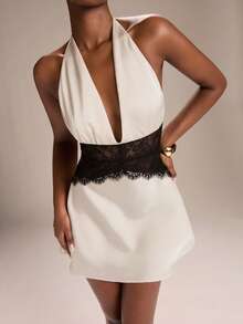 SHEIN BAE 杏色缎面腰部拼接黑色蕾丝A字型露背迷你连衣裙，优雅连衣裙 - 黑與白 - 查看 3