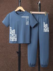 SHEIN Mirajuku 2pcs/Set Boys' Casual Large Letter Print T-Shirt & Matching Solid Color Pants Set, Comfortable Fabric Suitable For Daily, School, Commute - Dusty Blue - View 4