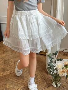 DAZY Tween Girl Elastic Waist Patchwork Bow Embroidery Mesh Double Ruffle Hem Cute A-Line Skirt - White - View 1