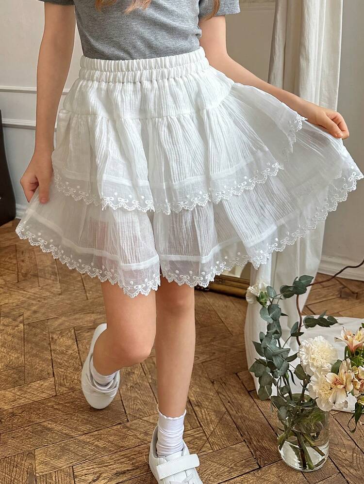 Tween Girl Elastic Waist Patchwork Bow Embroidery Mesh Double Ruffle Hem Cute A-Line Skirt