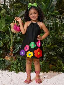 Gaun Tanpa Lengan Model A-Line Longgar dengan Motif Bunga dan Tropis Warna-warni untuk Anak Perempuan, Gaya Kasual Liburan, Musim Semi/Panas - Hitam - View 7