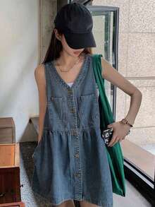 DAZY Women's V-Neck Single-Breasted Casual Pocket Strap Denim Dress - Blue - View 6