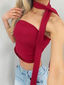 Sydney Algeri Y2K 风格豹纹短款褶皱红色抹胸女装 - 酒紅色 - 查看 3