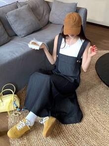 DAZY 女士复古无袖牛仔背带裙，设计细节让您看起来更年轻更苗条，中长款连身裙 - 黑色 - 查看 2