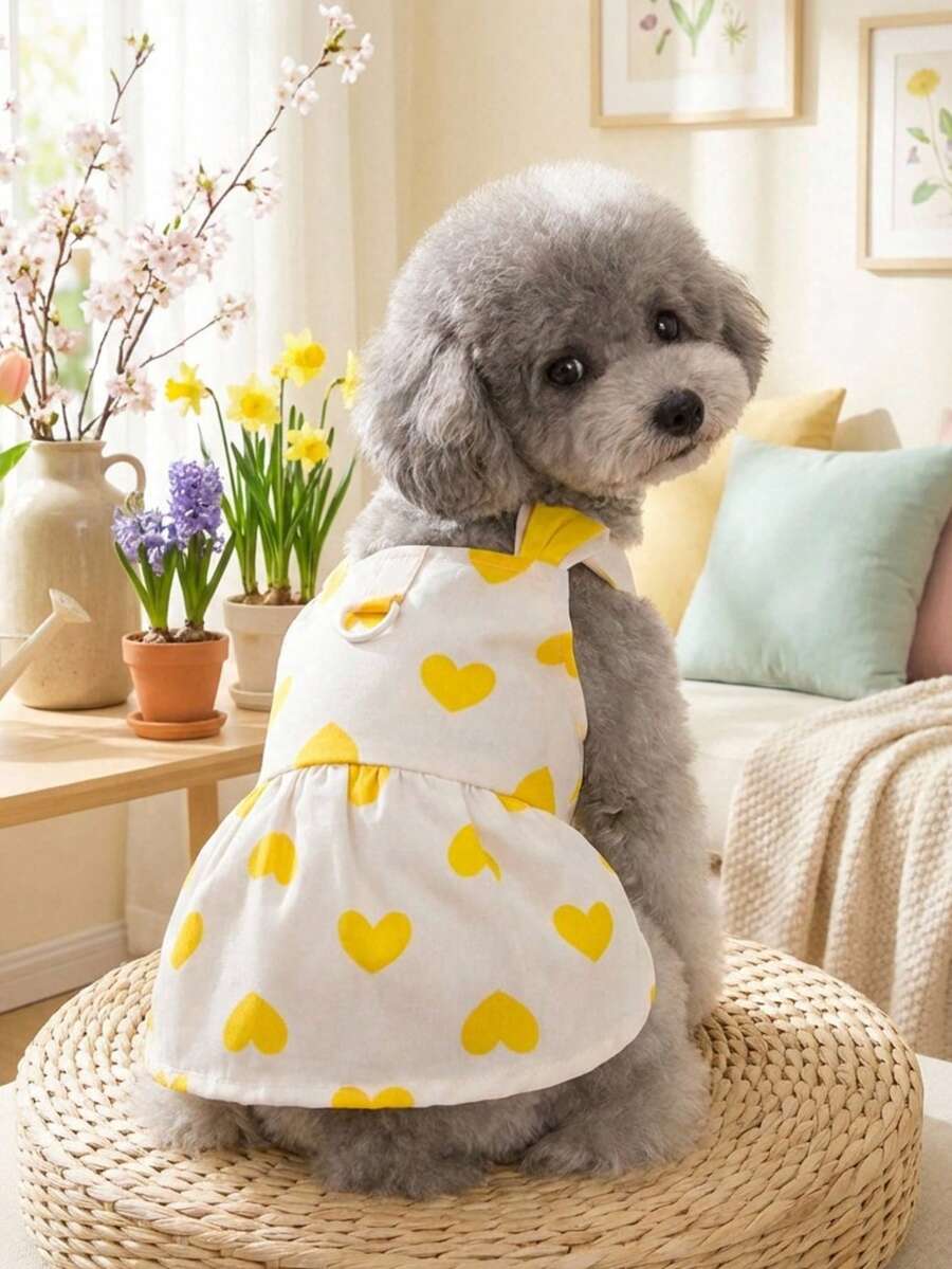 PETSIN Cute Rabbit Ear Decor Lightweight Breathable Pet Dress With Heart Print, Red, Suitable For Spring/Summer - Yellow - View 1
