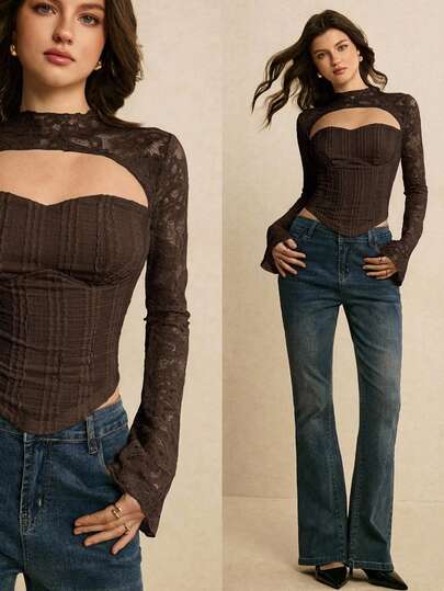 Poéselle Women's Solid Color Lace Patchwork Long Sleeve T-Shirt