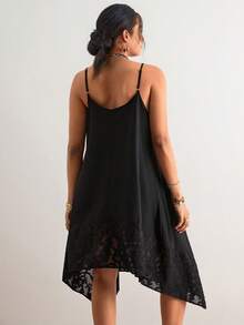 Freevana 大码休闲提花拼接不对称下摆吊带连衣裙 - 黑色 - 查看 2