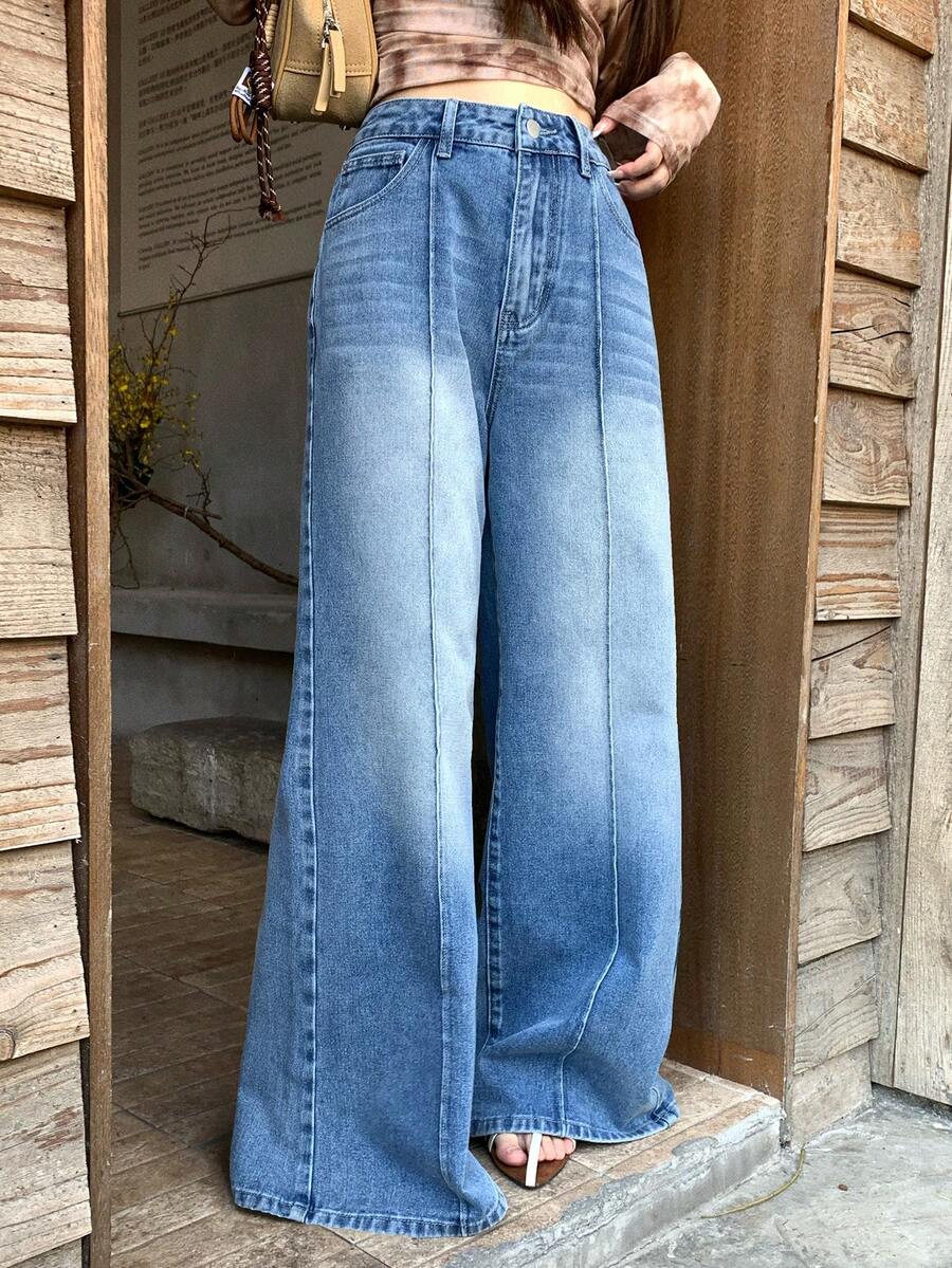 DAZY Women's Casual Fashion Street Style Daily Commute Korean Girly Versatile Washed Loose Wide-Leg Jeans - Blue - View 1