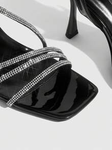 CUCCOO SZL Women Shoes Classic Fashion Women's High Heel Sandals Black Patent Leather Rhinestone Cross Strap Sandals Thin Heel Square Toe Design Dinner Party, Workplace Commute, Dating Sexy Wear Women's Shoes - Black - View 7