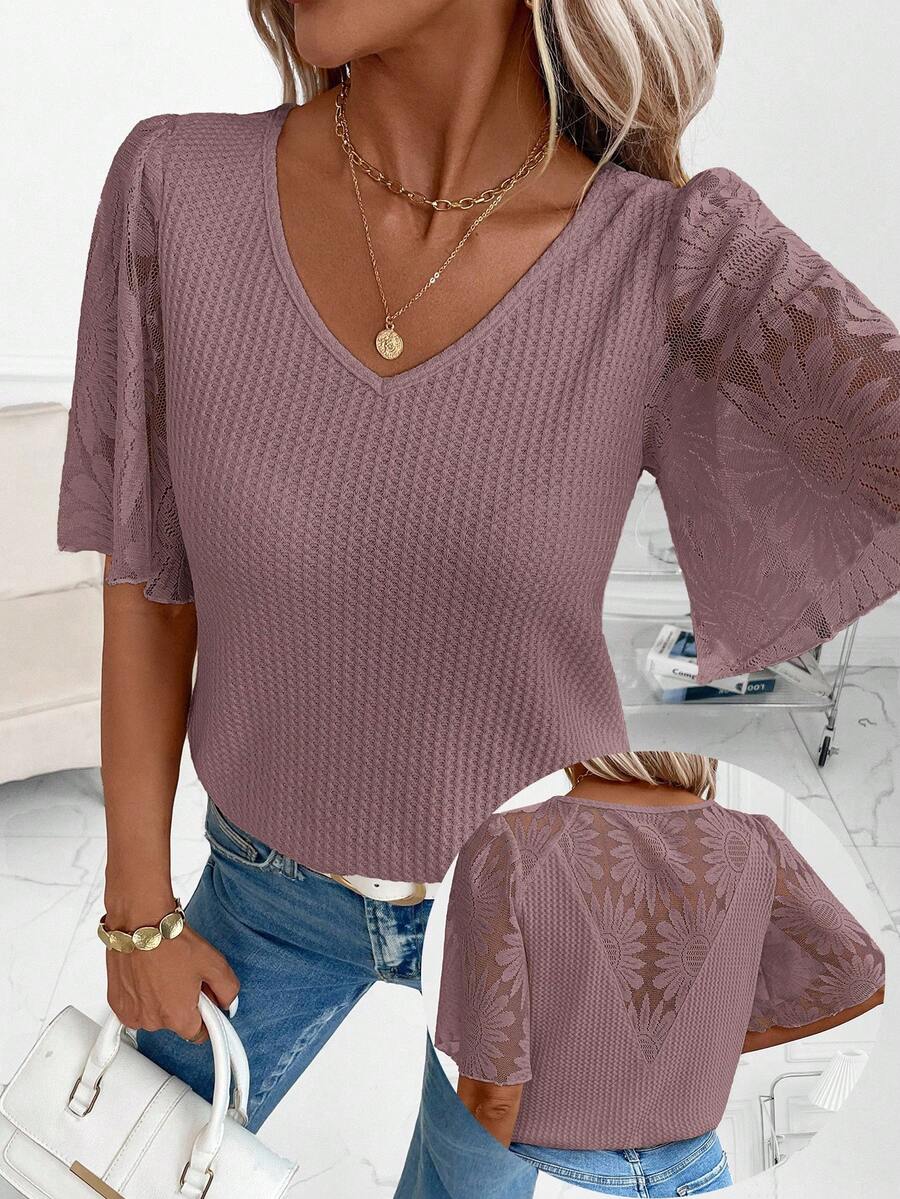 SHEIN Clasi Women's New Elegant Waffle Knit Patchwork Ruffle Sleeve T-Shirt, Versatile For Daily Wear, Commuting And Multiple Occasions - Dusty Pink - View 1