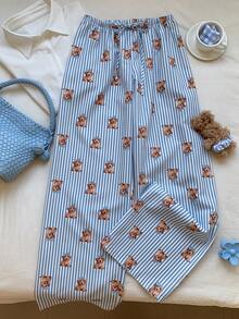 Comfortcana Quần dài nữ kiểu dáng thường ngày kẻ sọc in hình gấu, có dây rút, thích hợp cho mùa xuân, đi biển, du lịch. - Nhiều màu - Xem 4
