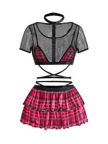 3pcs Fishnet & Plaid Student Sexy Set - Multicolor - View 3