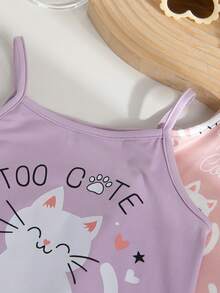 女童可爱猫咪爱心印花连衣裙套装，紫色和粉色，荷叶边袖口和下摆，吊带连衣裙和睡衣组合 - 彩色 - 查看 6