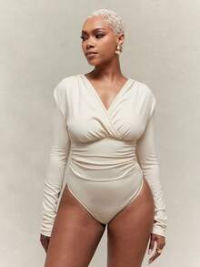 Vixey Brushed Jersey V Neck Ruched Long Sleeve Bodysuit - Apricot - View 2