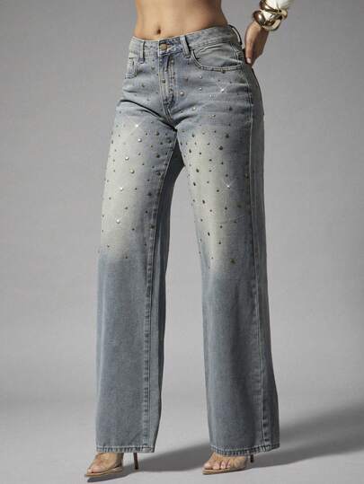 Denimoi Jeans de pierna ancha para uso diario versátil y casual con bolsillos, botones y remaches decorativos para mujeres