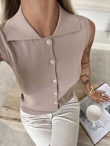 DAZY Damen Einfarbiges figurbetontes Ärmelloses Lässig Urlaubs Strick Top mit Kragen für Frühling/Sommer - Khaki - Übersicht 1