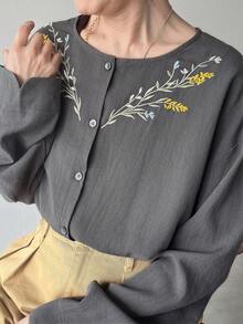 FRIFUL Women's Solid Color Casual Loose Fit Shirt With Embroidery Print And Slit Cuffs, Suitable For Spring And Summer - Dark Grey - View 7