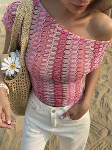 Livesso Women's Casual Asymmetric Collar Striped Blouse, Summer - Pink - View 6