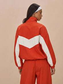 MUSERA 超大翻领尼龙运动外套，撞色拼接，全拉链设计，仅限春季穿着。书店出品，超大款，适合机场、运动、节日、街头风格，冬季、返校季、休闲、圣诞节以及日常穿着。 - 橘色 - 查看 3